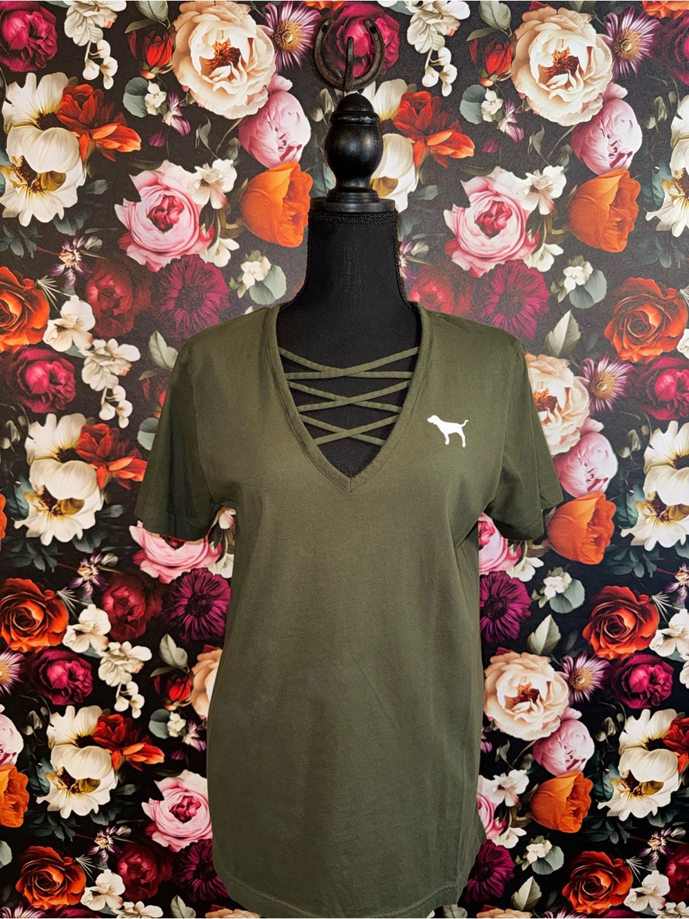 PINK Victoria's Secret Olive Green Crisscross V-Neck Short Sleeve Tee, S